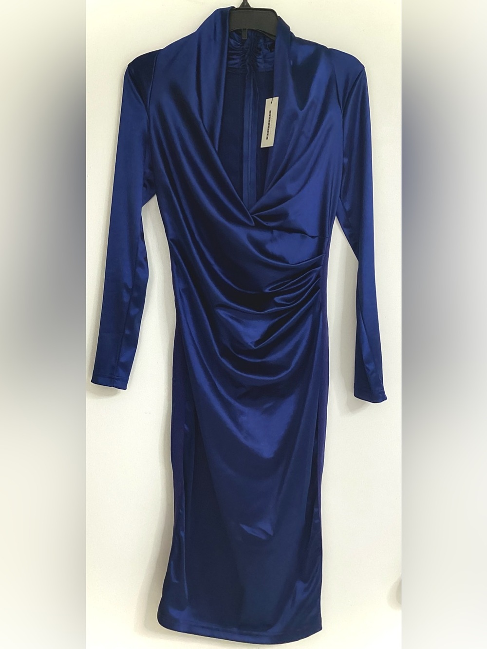 CBR Royal Blue Satin Stretch, Low Cut Long Sleeve Midi Dress
